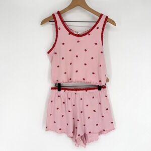 Y2K Strawberry Pajama Set Pink Crop Tank Shorts Coquette Lounge Womens L